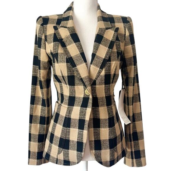 NWT Smythe Duchess Buffalo Check Cutaway Blazer Jacket Beige Black Plaid Size 6 - Picture 2 of 9